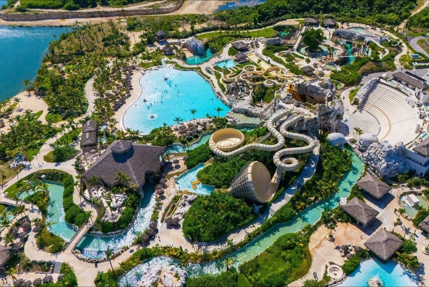 El Dorado Water Park at Cap Cana — aerial view of slides, lagoon pool, lazy river, and amphitheater