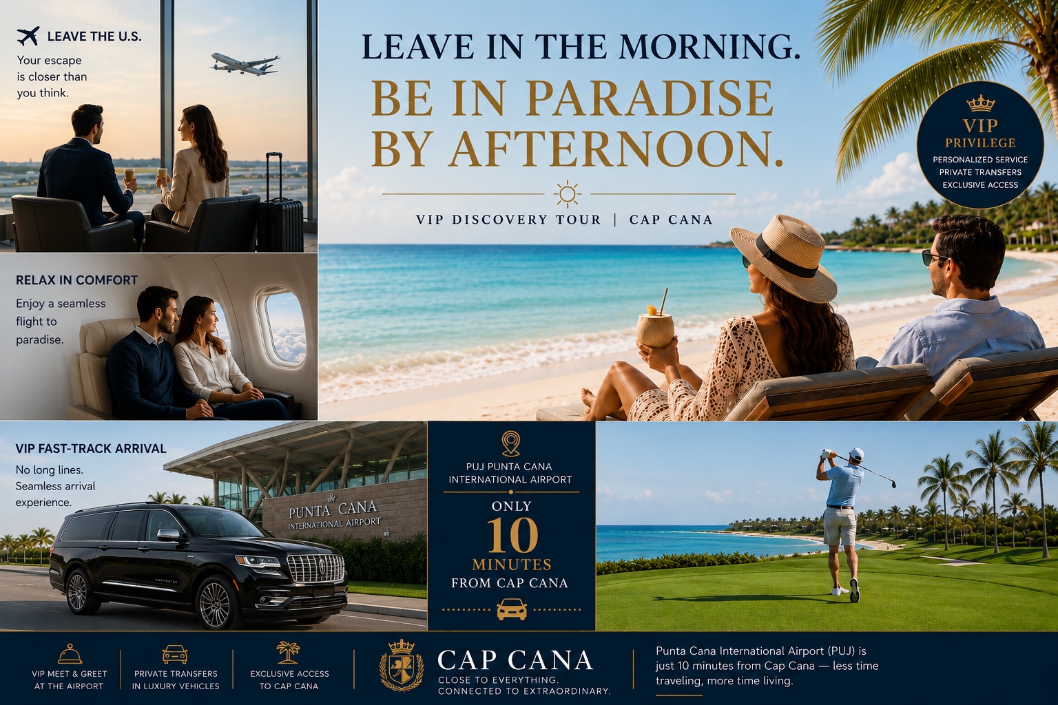 Leave in the morning. Be in paradise by afternoon. VIP Discovery Tour Cap Cana — VIP fast-track arrival, only 10 minutes from PUJ.